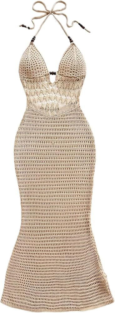 OYOANGLE Women's Beaded Crochet Open Knit Hollow Out Flowy Long Dress | Amazon (US)