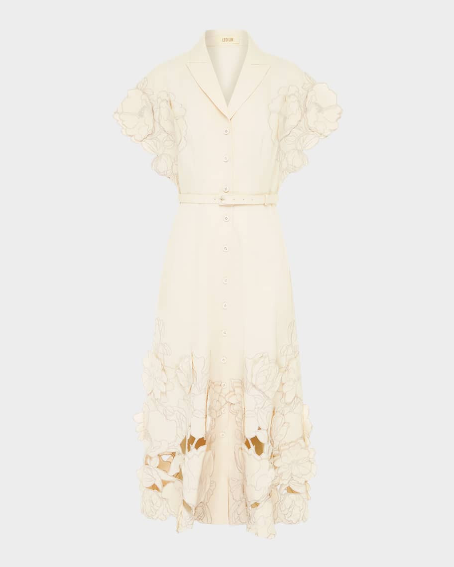 LEO LIN Aubrey Floral-Embroidered Midi Shirtdress | Neiman Marcus