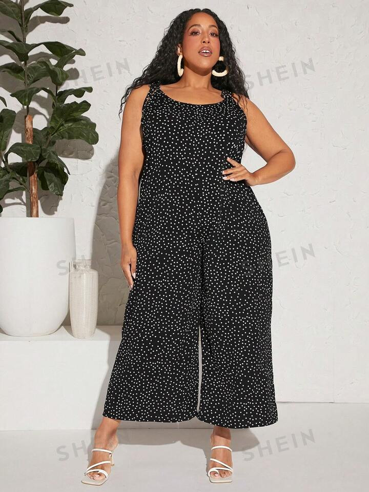 SHEIN CURVE+ Plus Polka Dot Print Wide Leg Jumpsuit | SHEIN