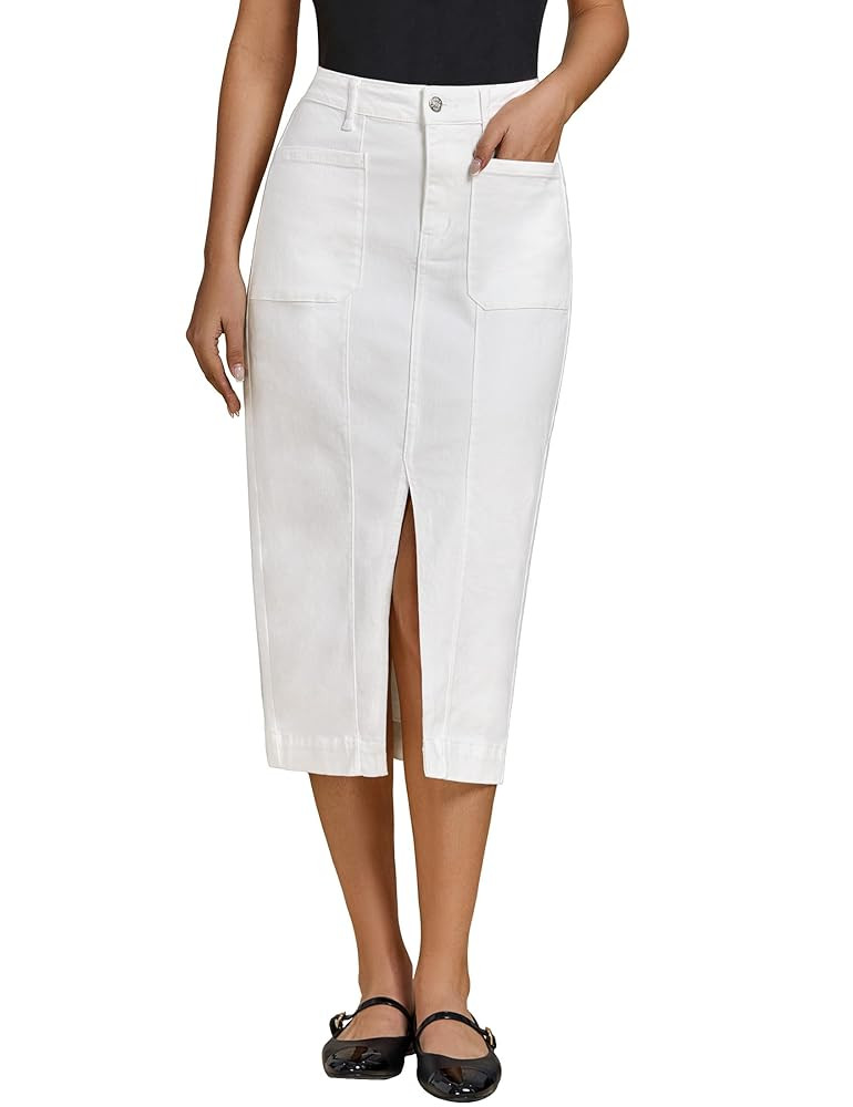 luvamia Jean Skirts for Women Denim Trendy Casual Stretchy High Waisted Midi Front Pockets Below ... | Amazon (US)