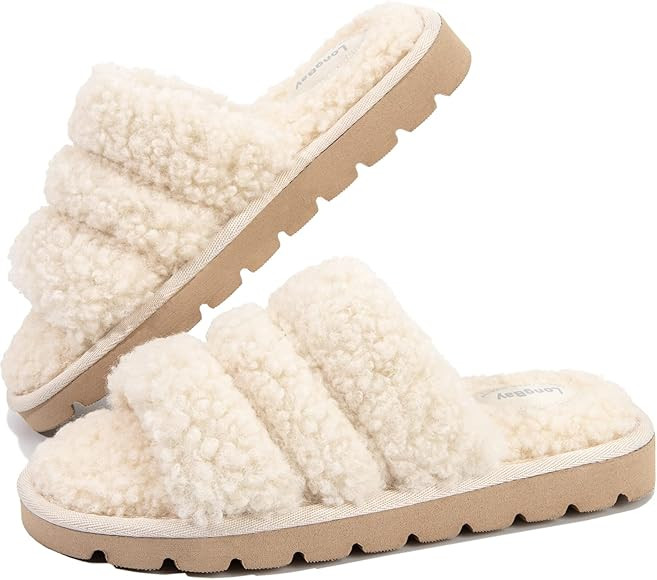 LongBay Women's Open Toe Slippers Fuzzy Curly Fur Memory Foam Slides Cozy Sandals for Indoor Outd... | Amazon (US)