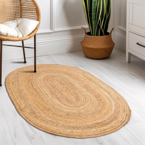 Boho Oval Jute Rug - All Natural Soft Jute Braided Hand-Woven Rug Natural Beige 3' X 5' | Amazon (US)