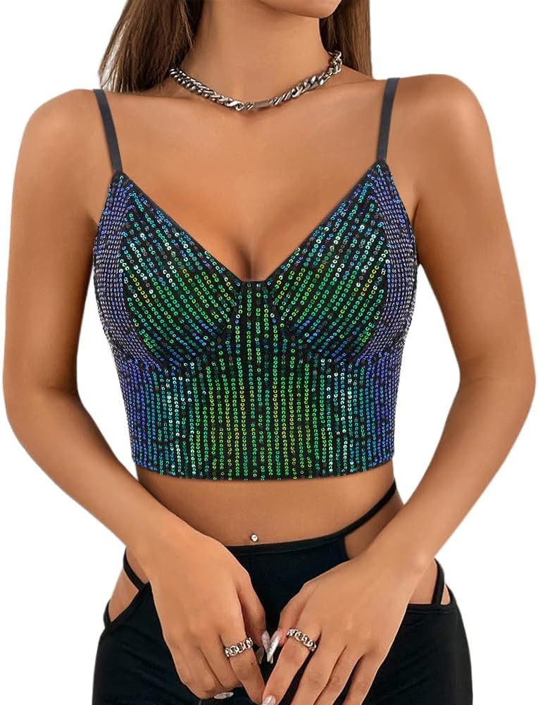 Giovacker Women's Sexy V-Neck Spaghetti Strap Sparkle Sequined Crop Tops Tube Top Bustier Vest Ta... | Amazon (US)