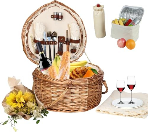 RORLAND Heart Shaped Picnic Basket Set 2 Person,Wicker Romantic Willow Woven Basket W/Tableware for Camping Indoor Outdoor Party,Couple Gift for Valentine's Day,Engagement,Wedding,Anniversary,Birthday | Amazon (US)