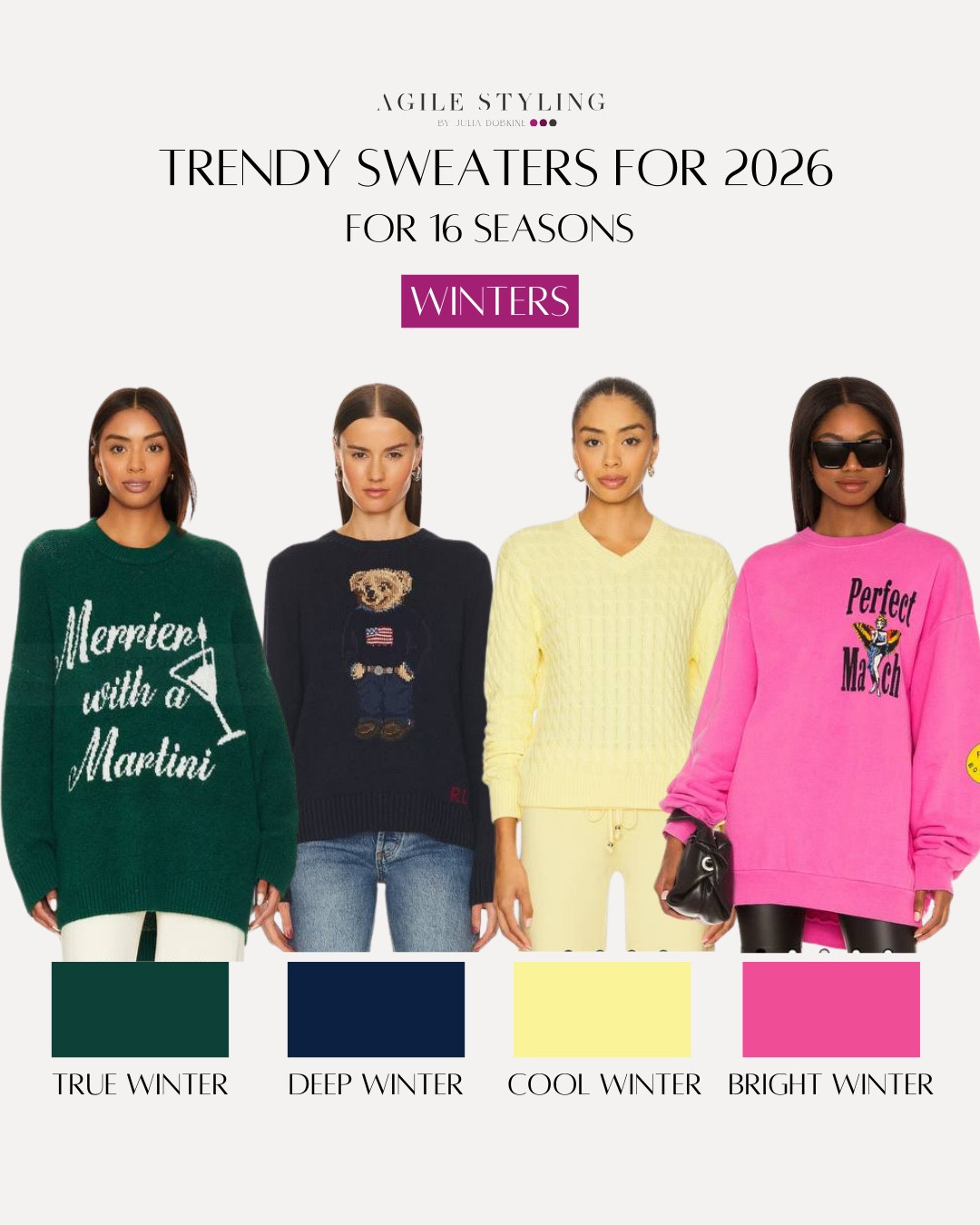 These sweaters are selected using Agile Style Color Analysis and the 16-season palette system. Each sweater in this edit is matched to a specific season so you can quickly find the shades that work best with your skin tone, contrast, and natural coloring.

This collection includes 2026-trending sweaters picked for every Winter, Summer, Spring, and Autumn palette, making it easy to shop styles that are already aligned with your colors instead of guessing.

#LTKSeasonal #LTKmomlife #LTKdayinmylife