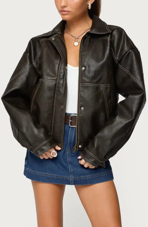 EDIKTED Jaxson Oversize Faux Leather Jacket in Dark-Brown at Nordstrom, Size Small | Nordstrom
