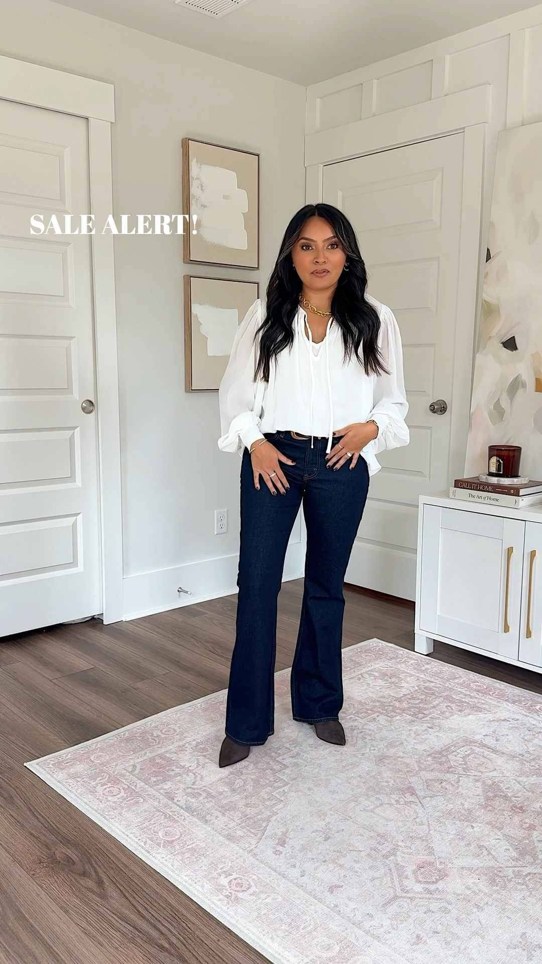 STACKABLE CODE: code AFLTK for 25% off on top of their current sale!
Brown dark coffee coat size xs petite TTS
White cream long sleeve top size xxs TTS
Mid rise bootcut jean in dark rinse color size 26 short TTS
Brown and gold belt size xs TTS - I use the last hole on this belt so size up if you want more room!
Dark brown boots size 5.5 TTS
#LTKFallSale

#LTKPetite #LTKSaleAlert