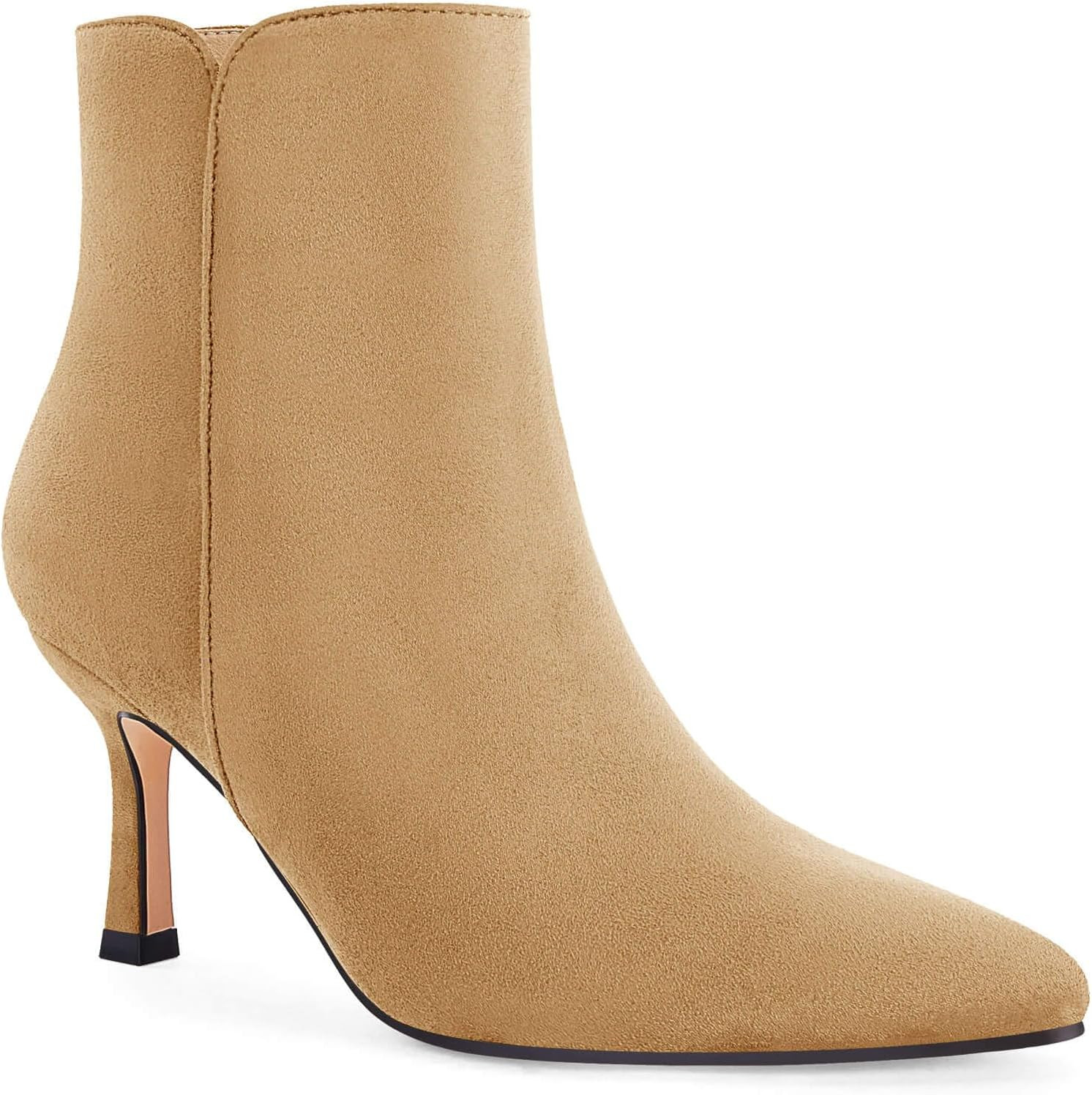 Coutgo Women's Kitten Heel Booties Pointed Toe Low Stiletto Side Zipper Ankle Boots Shoes | Amazon (US)