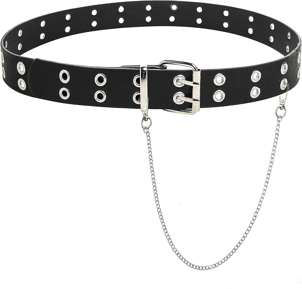 Womens Double Grommet-Leather-Belt with Chains Buckles Punk-Waist-Belts for Dress | Amazon (CA)