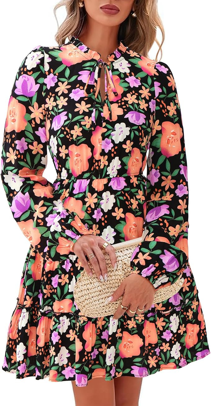 BTFBM Women Fall Dresses 2026 Floral V Neck Long Sleeve Tiered Ruffle Boho Swing Flowy A-Line Min... | Amazon (US)