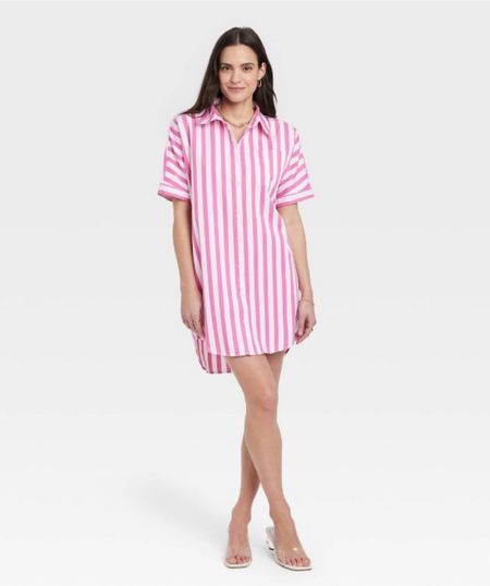 Cute pink items that I saw while shopping at @target last week that I can't stop thinking about! This pink and white shirt dress is chic and screams vacay vibes. For a casual cute nostalgic throwback, wear the tee with rolled sleeves and a cute pleated skirt or wear tucked under a sports bra pair with high waisted wide leg jeans and platform mules. #target #targetstyle



#LTKstyletip #LTKsalealert #LTKunder50