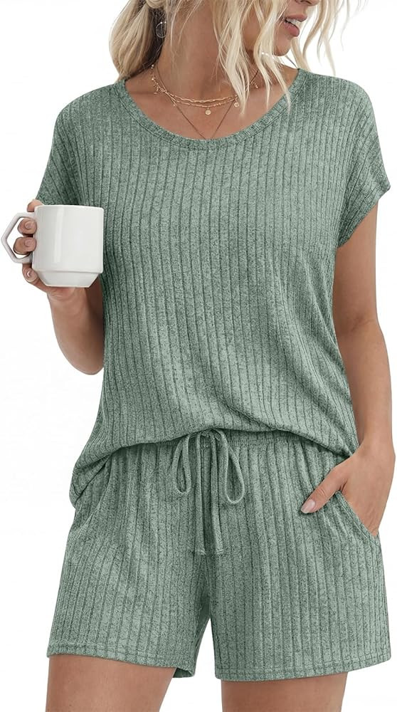 Womens Pajamas 2 Piece Lounge Sets Summer Sleepwear Crew Neck Cap Sleeve Short Pant Pjs outfit wi... | Amazon (US)