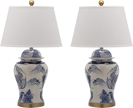 SAFAVIEH Lighting Collection – Shanghai Ginger Jar Set of 2 Blue & White Ceramic Table Lamps wi... | Amazon (US)