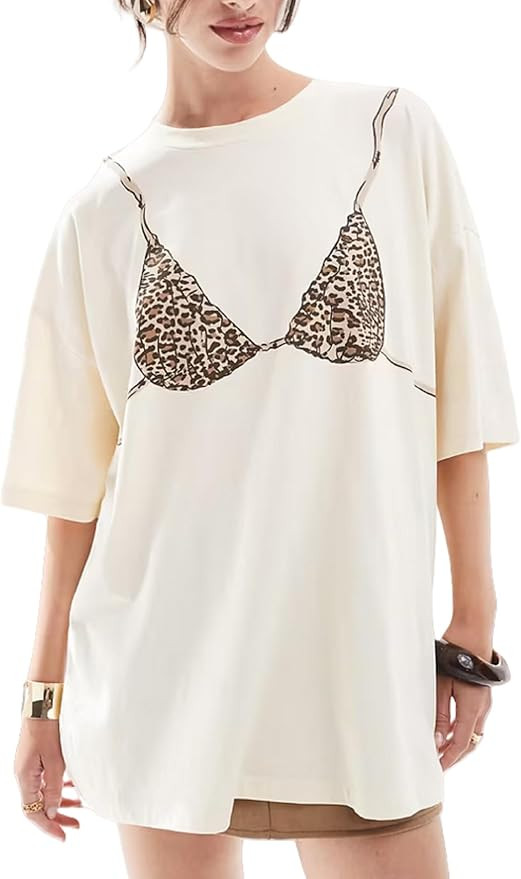 Seyumixi Women Bra Print Oversized Shirt Short Sleeve Graphic Print Tee Top Funny Bikini Tshirts ... | Amazon (US)