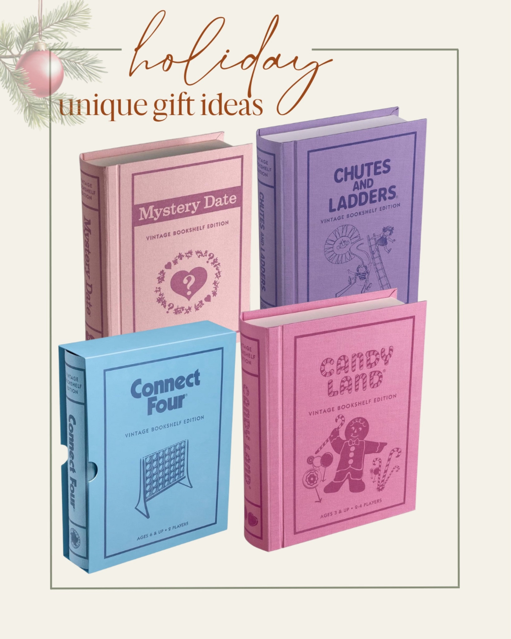 Unique gift ideas for game lovers! These are your classic games but look like books to store on your shelves. Just about every game you can think of! (More in another post!

Mystery date chutes and ladders connect four candy land 

Game lover gift guide / game lovers gift ideas 