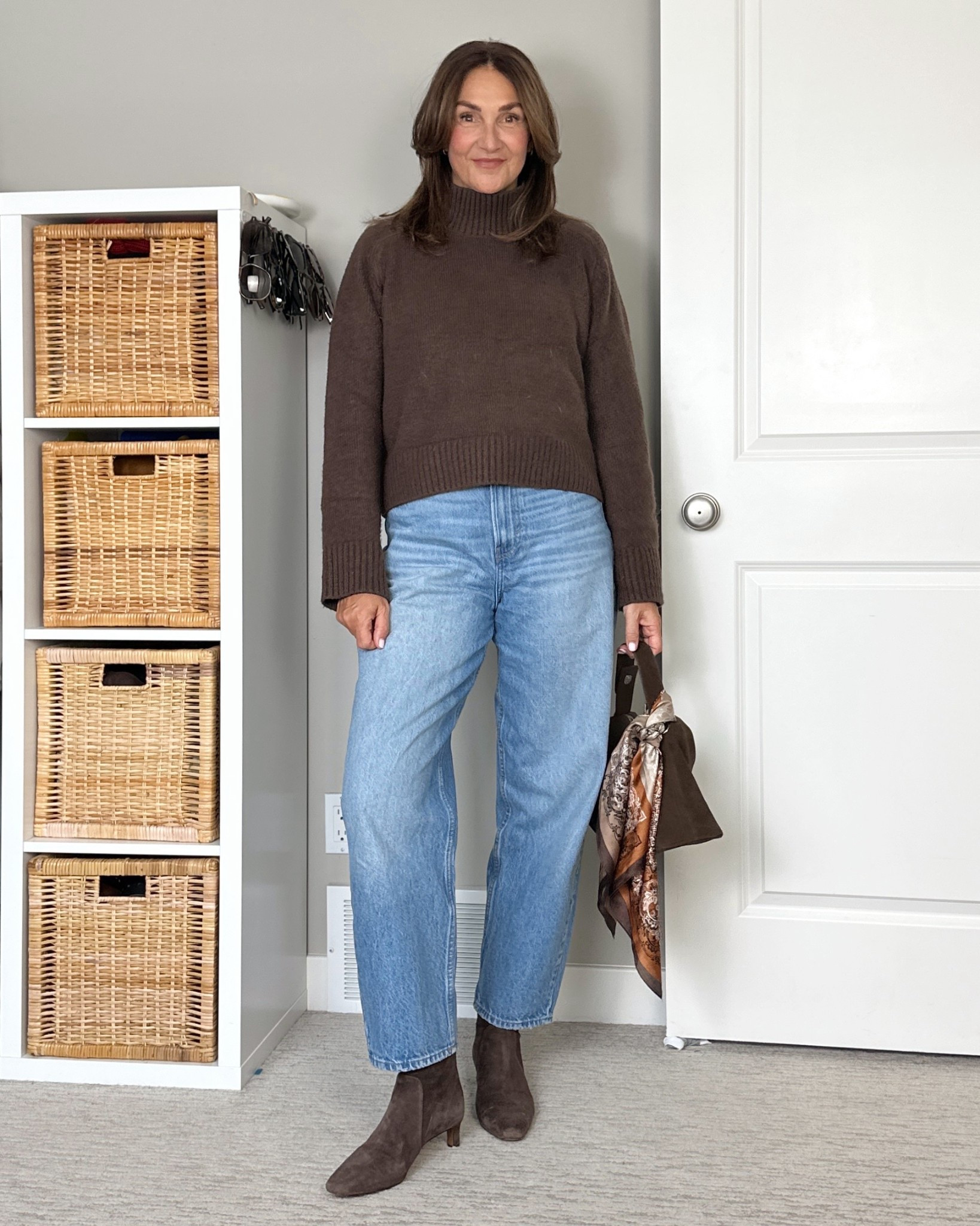Simple outfit in brown and denim, added a scarf to my belt for more interest!
My sweater is on clearance but limited sizes! I’m 5’ 7” wearing my usual size small.
My jeans are an older barrel style but I linked a few similar ones.
Suede boots fit tts and are such a cute low heel option!
Bag (real suede but so affordable!) and scarf are from Amazon.


#LTKootd #LTKSaleAlert #LTKOver40