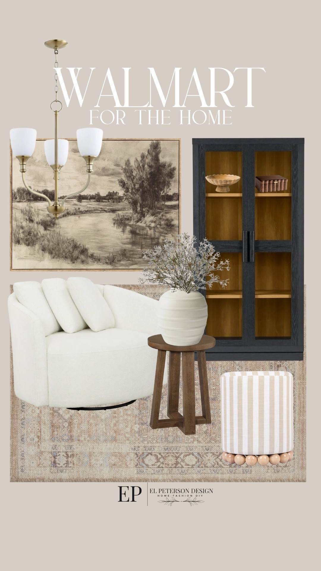 Walmart
Artwork
Chandelier 
Accent Chair
Area rug
Ottoman
End table 
Vase
Stem
Tall accent cabinet 

#LTKHome