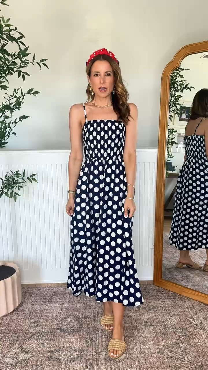 The prettiest Amazon polka dot maxi dress for the 4th of July! Wearing XS with adjustable straps. Memorial day weekend. Barbecue outfit. Summer outfit. Summer dress. Vacation dress. Vacation outfit. Amazon USA headband. Target slides are TTS.

#LTKootd #LTKSeasonal #LTKTravel
