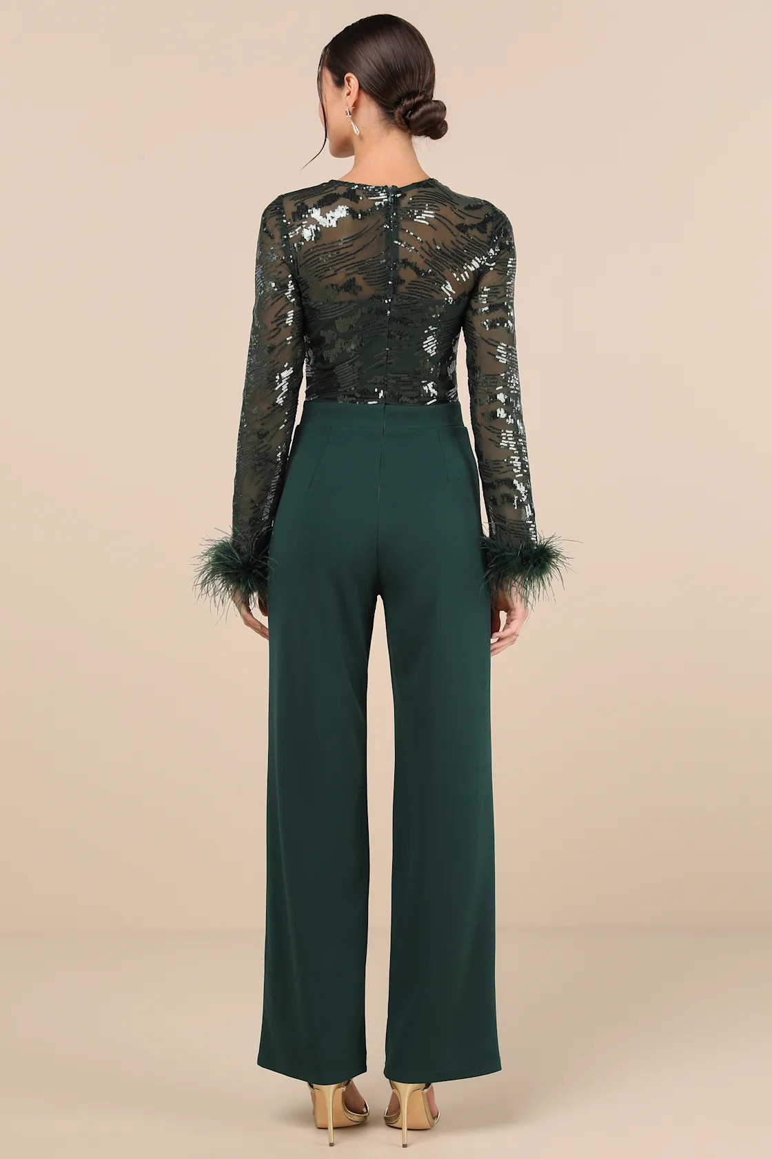 Limitless Radiance Green Sequin Feather Long Sleeve Jumpsuit | Lulus