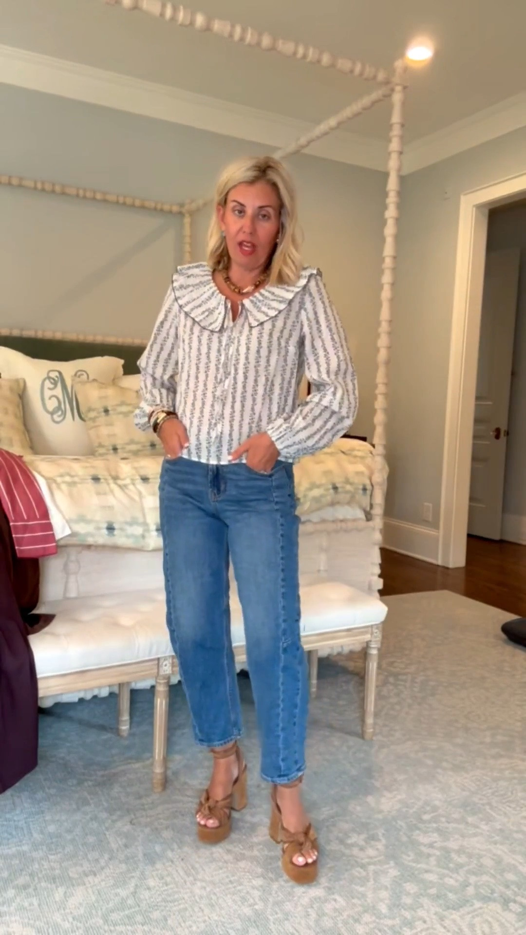 This top is totally giving Hill House vibes! 
Top - xs
Jeans - 2
Heels -  8 tts 

*code mixandmatch for 25% off Erin McDermott

#LTKdayinmylife #LTKPetite #LTKOver40