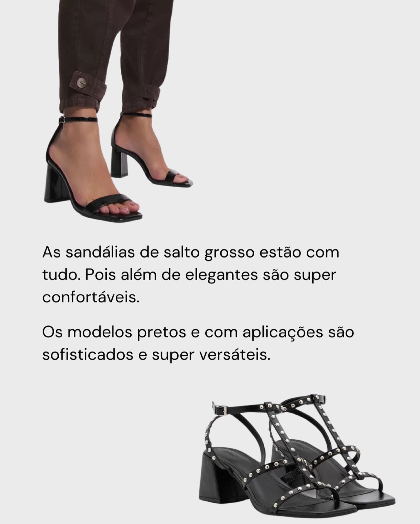 Duas opções de sandálias de salto grosso. 

1. Sandália preta de salto grosso com uma tira. 
2. Sandália Com Salto Bloco E Tiras Adornadas Por Rebite Preto. 

Sandálias da Renner #LTKxRenner 

#LTKshoes #LTKbrasil