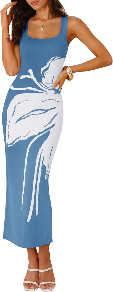 ZESICA Women's 2026 Summer Spring Floral Maxi Dress Beach Vacation Casual Sleeveless Tank Knitted... | Amazon (US)