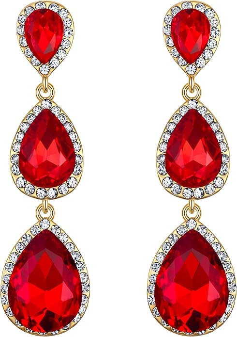 EleQueen Women's Gold-tone Austrian Crystal Teardrop Pear Shape 2.5 Inch Long Earrings Emerald Co... | Amazon (US)