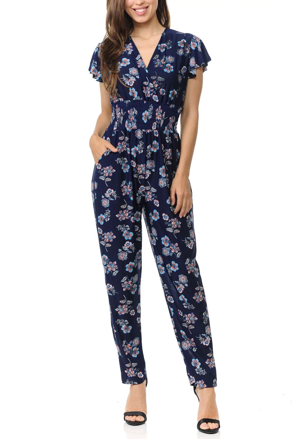 Auliné Collection Womens Short Cap Sleeve V-Neck Long Pants Romper Jumpsuit - Color Block Floral... | Walmart (US)