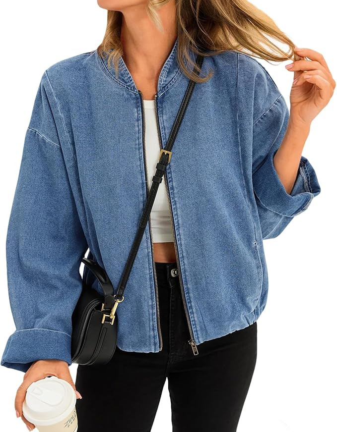 Tankaneo Womens Denim Bomber Jacket Lightweight Zip Up Short Jean Jacket Fall Casual Shacket Oute... | Amazon (US)