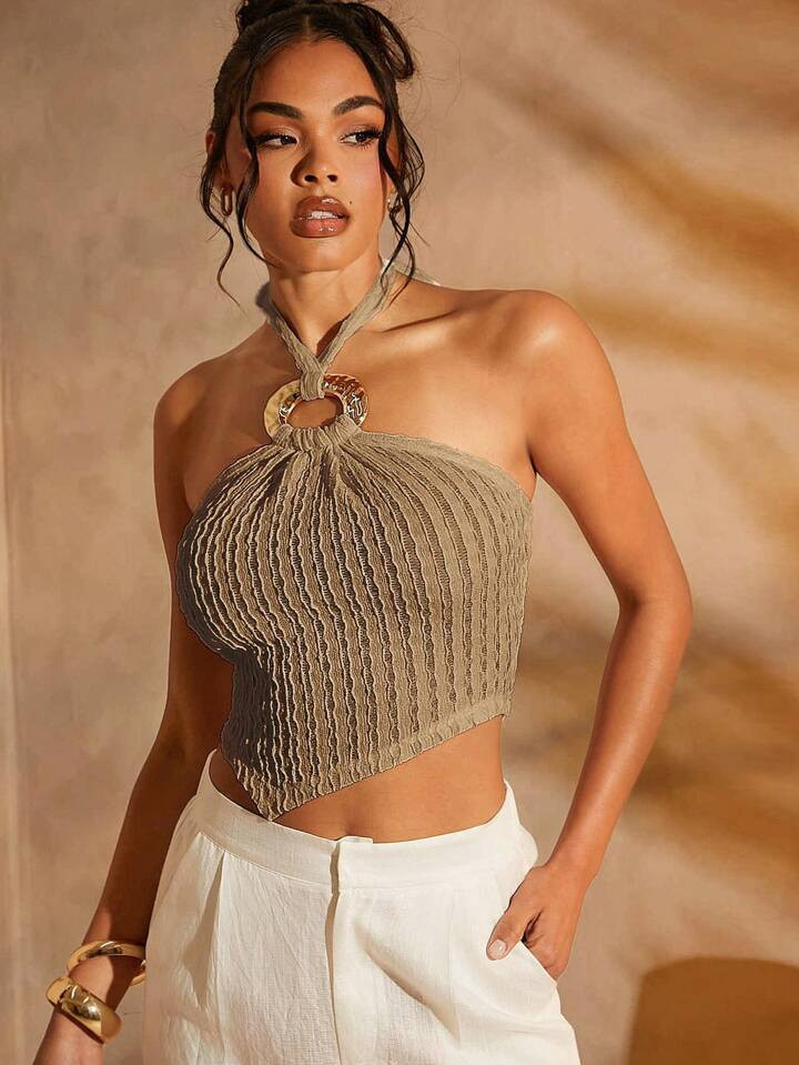 Hauture Vacation Outfits Gold Hardware Detail Asymmetrical Hem Halter Crop Fall Top | SHEIN