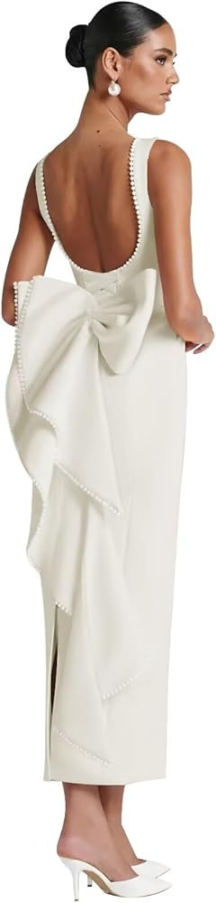 Maxianever Women’s Satin Wedding Guest Dresses 2025 Midi Pearl Prom Cocktail Gown with Bow | Amazon (US)