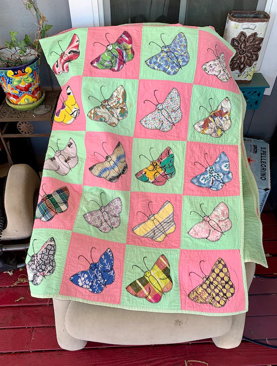 Vintage Butterfly Appliqué Quilt Butterfly Throw Textile Quilt Hand Made Cotton Quilt Girl Child... | Etsy (US)