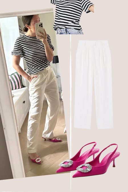 Summer stripes and pink shoes in white pants  

#LTKSeasonal #LTKunder50 #LTKworkwear