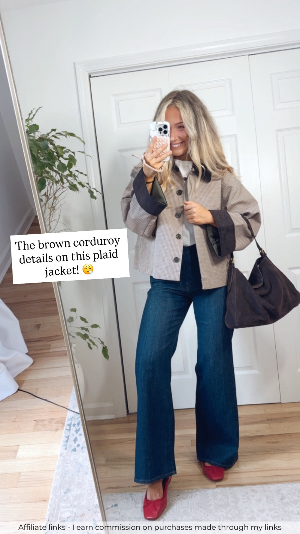 Affiliate links - I earn commission on purchases made through my links

J.Crew plaid barn jacket
Brown suede bag oversized
Dark wash jeans wide leg