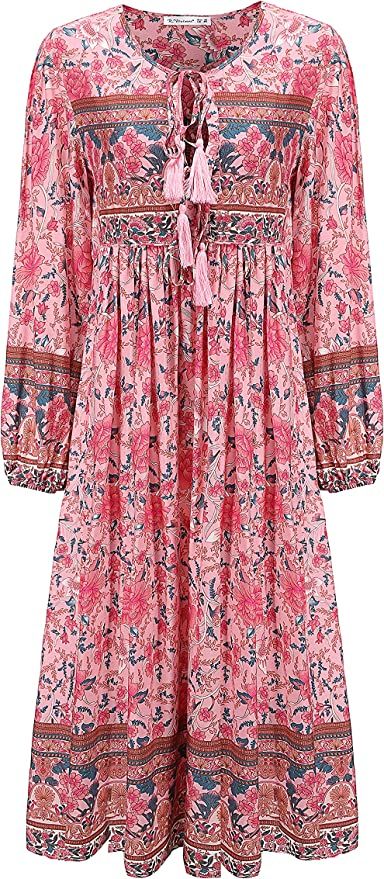 R.Vivimos Women's Long Sleeve Floral Print Retro V Neck Tassel Bohemian Midi Dresses | Amazon (US)