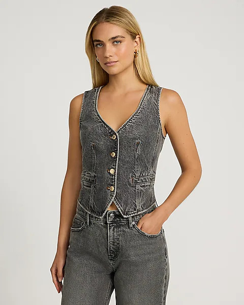 Washed Black Denim V-neck Cutaway Vest | Express