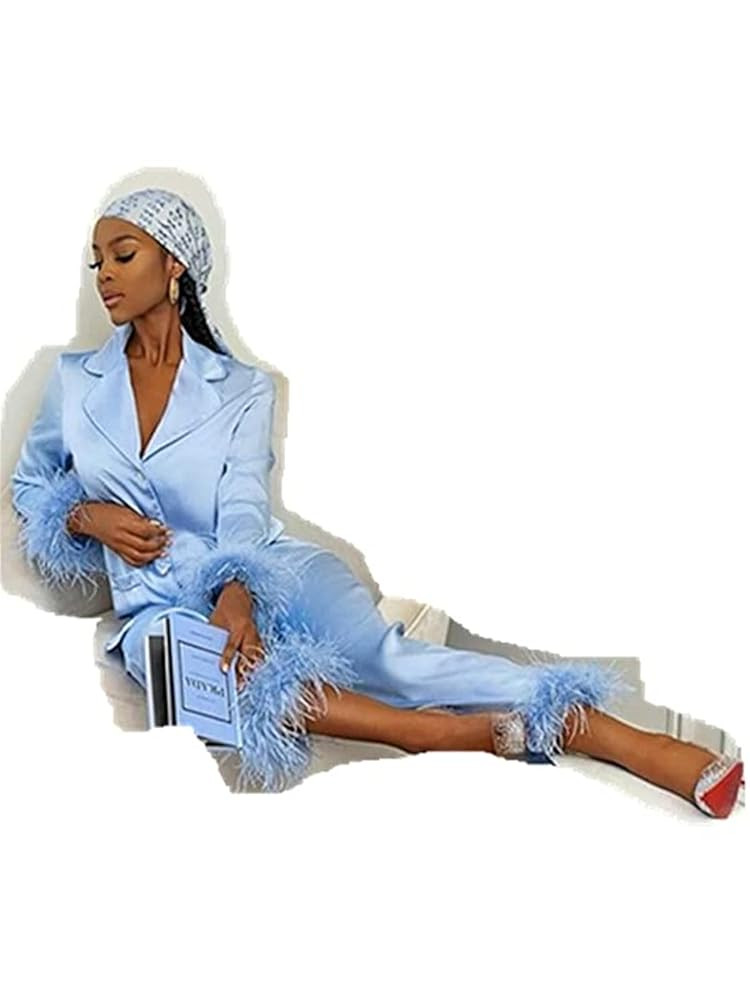 KE-14 Silk Pajamas Set With Real Ostrich Feather Fox Fur Cuffs For Women Top And Trousers Two-Pie... | Amazon (US)