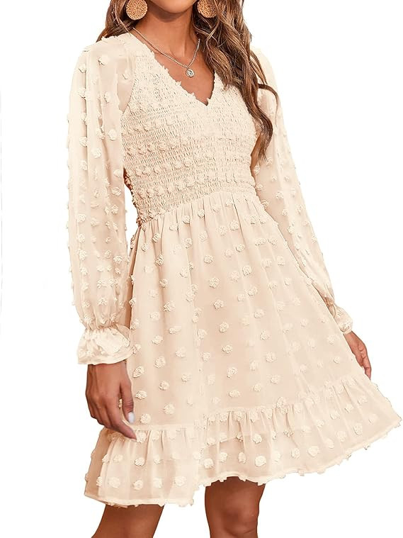 BTFBM Women's Long Sleeve V Neck Smocked Short Dress Cute Flowy Casual Swiss Dot Ruffle Hem Mini ... | Amazon (US)
