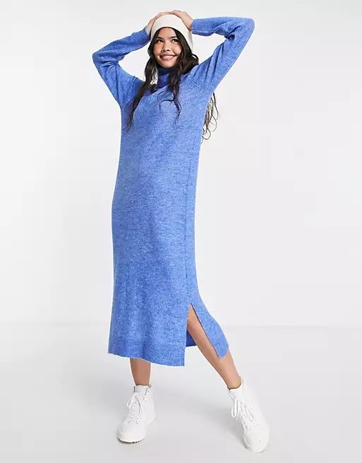 Pieces turtleneck knit midi dress in bright blue | ASOS (Global)