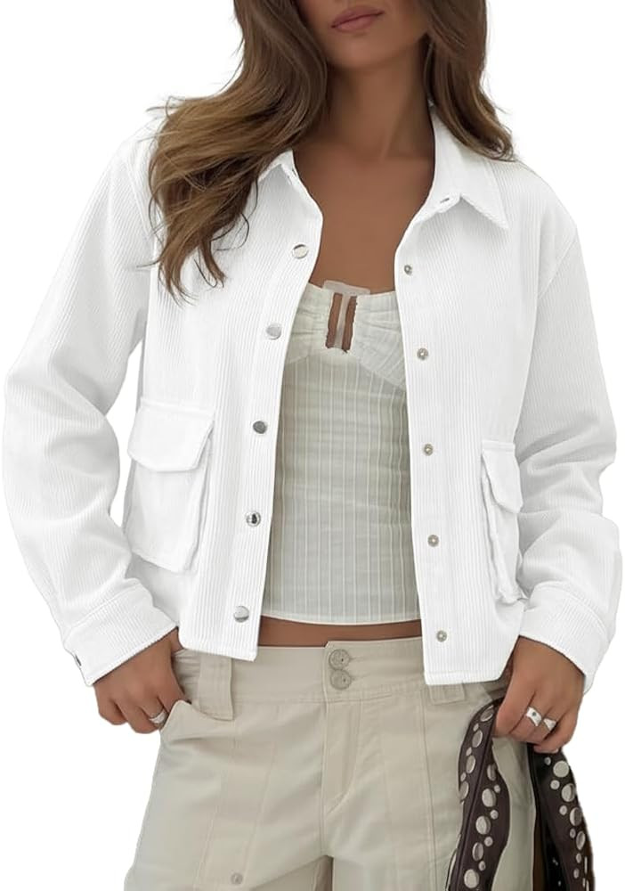 Beaully Womens Corduroy Cropped Shacket Jacket Short Button Down Long Sleeve 2026 Spring Outwear ... | Amazon (US)