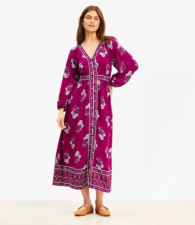 Petite Floral Puff Sleeve Button Midi Dress | LOFT