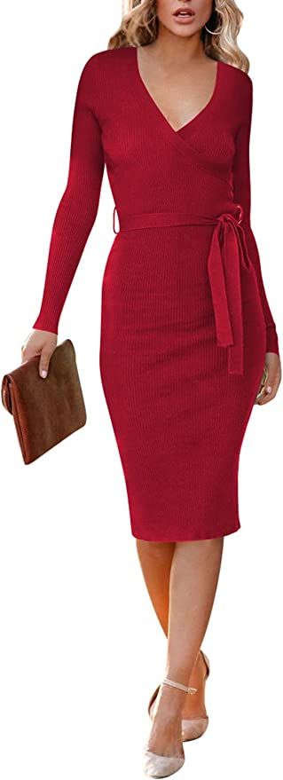 Meenew Women's Wrap Sweater Dress Tie Waist Knitted Long Sleeve Bodycon Dress | Amazon (US)