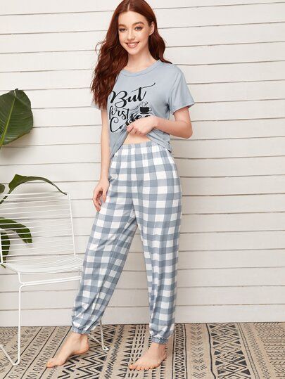 Slogan Graphic Tee With Buffalo Plaid Pants PJ Set | SHEIN