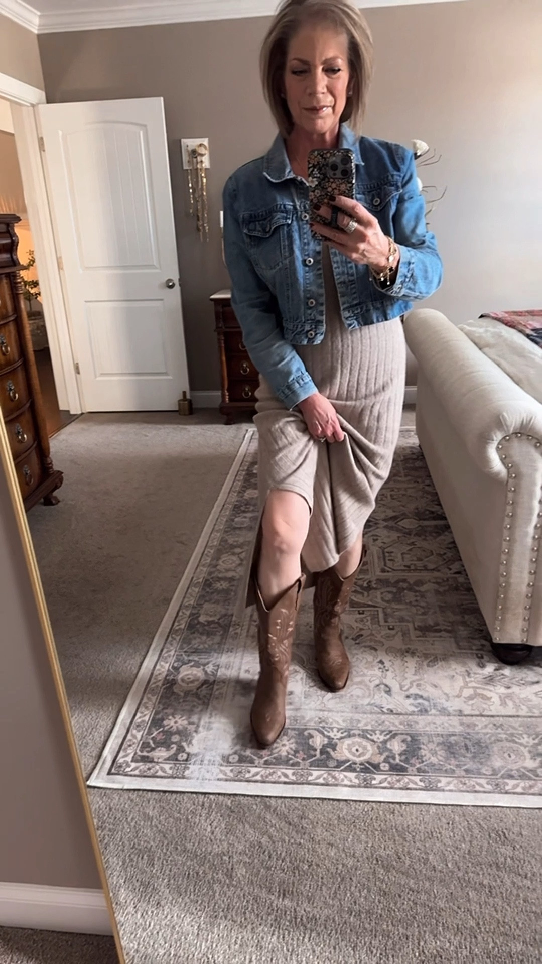 Love this stylish and flattering knit dress!! Size down as it does run big. And my cowboy boots…super comfy🥰. I cannot link my exact jacket but I’ve found 2 other options.



#LTKSaleAlert #LTKdayinmylife #LTKgrwm
