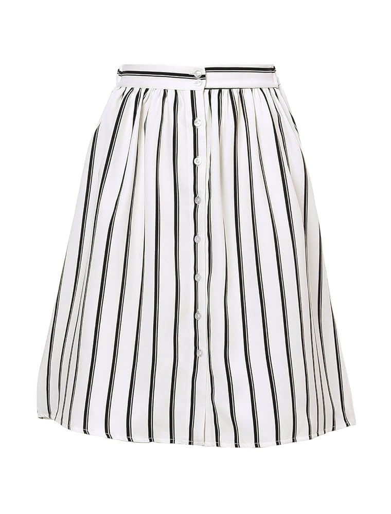 Allegra K Women's Striped Button Front Elastic Back Waist A-Line Midi Skirt | Amazon (US)