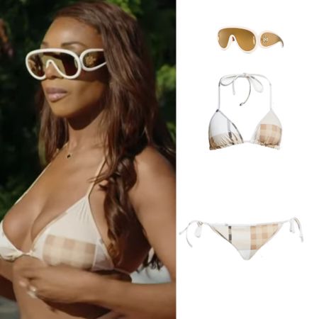 Nneka Ihim’s White and Gold Mirrored Sunglasses and Plaid Bikini