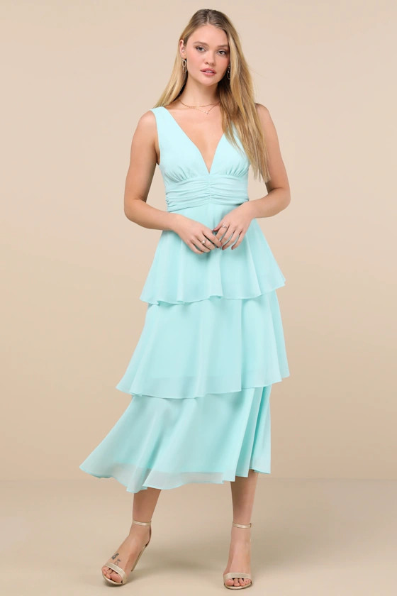 Celebration Time Aqua Sleeveless Tiered Midi Dress | Lulus