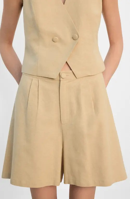 MANGO Pleated Straight Fit Cotton & Linen Blend Bermuda Shorts in Mustard at Nordstrom, Size Large | Nordstrom