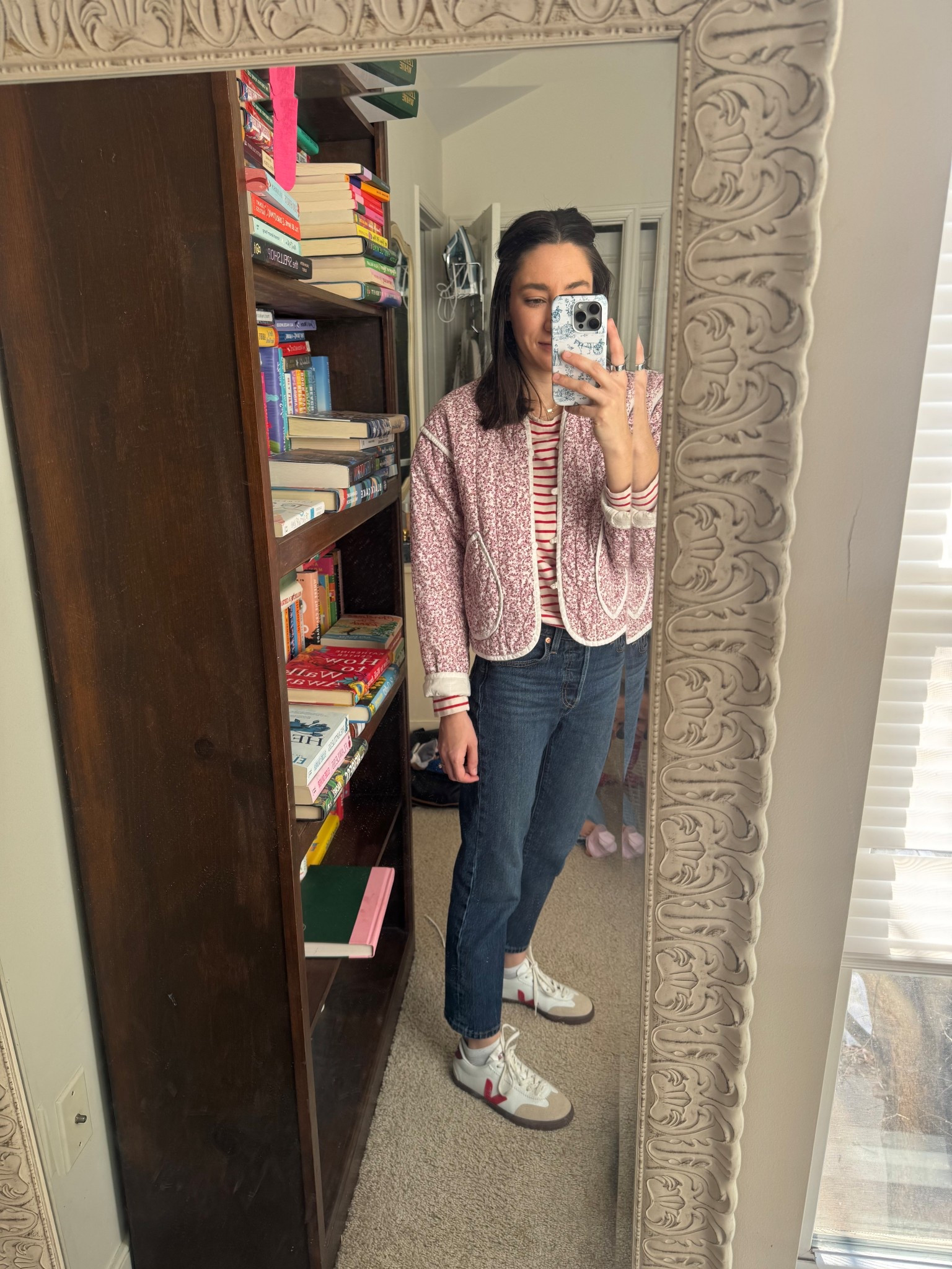 Valentine’s Day party outfit of the day with a floral quilted jacket, vejas, Levi jeans  

#LTKValentine #LTKootd #LTKPetite