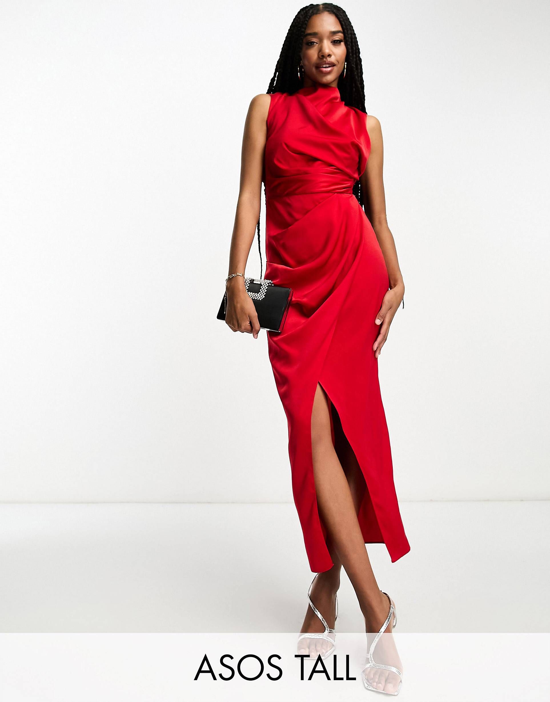 ASOS DESIGN Tall satin drape dress with wrap skirt in red | ASOS (Global)